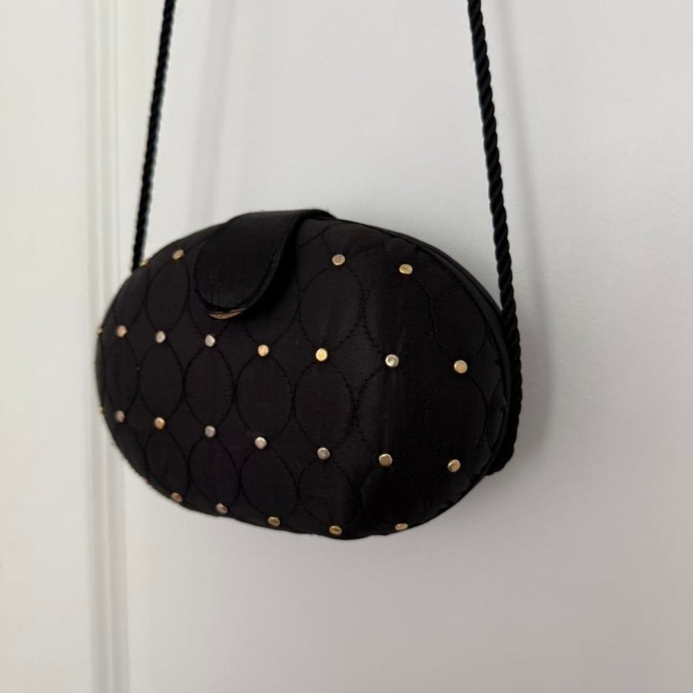 Vintage Black Quilted Studded Oval Crossbody Bag w/ Gold Hardware - Picture 3 of 7